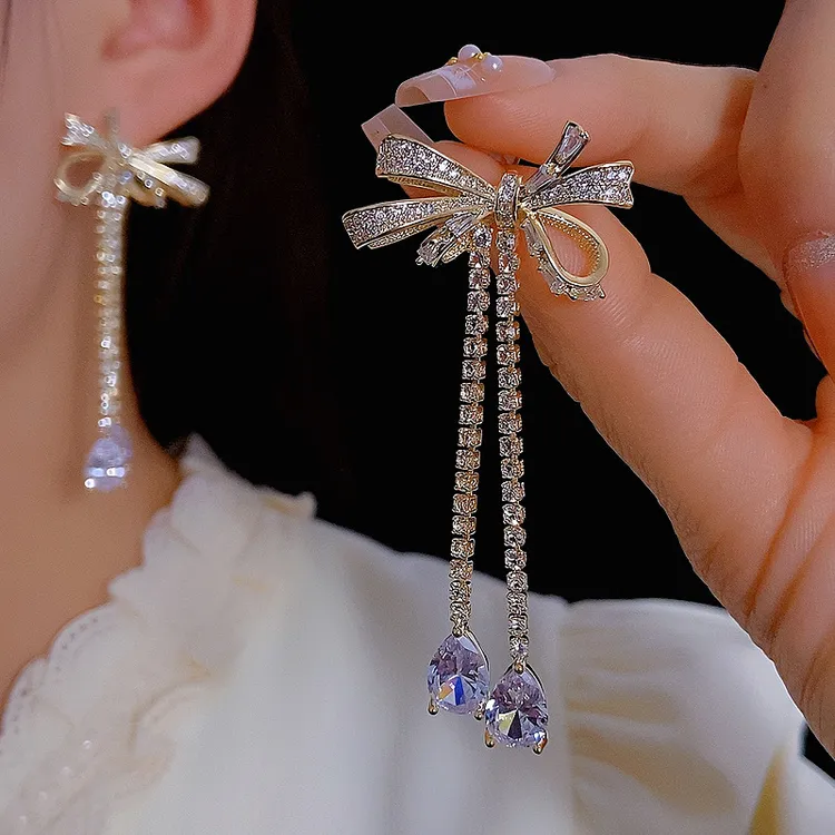 铜合金锆石耳饰 S925银针超仙镶锆蝴蝶结甜美流苏水滴长款耳环饰