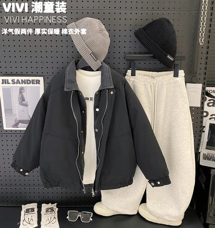 【现货】VIVI童装【美式复古】冬中大童假两件牛仔拼接厚棉衣外套