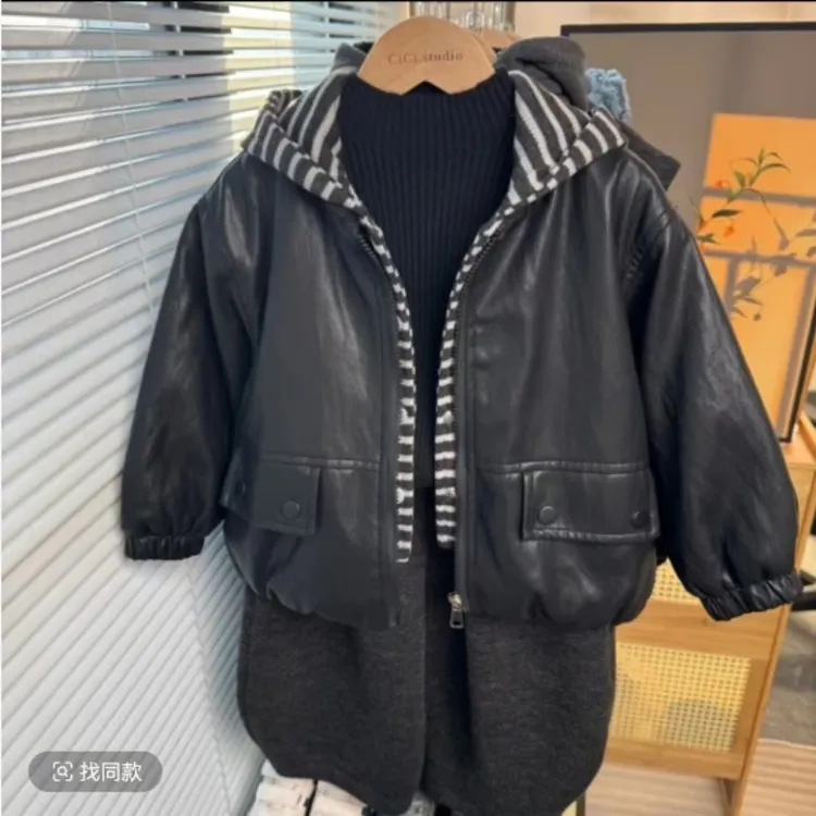 男童假两件拉链夹克立领圆领皮衣加绒加厚款冬季连帽单排扣