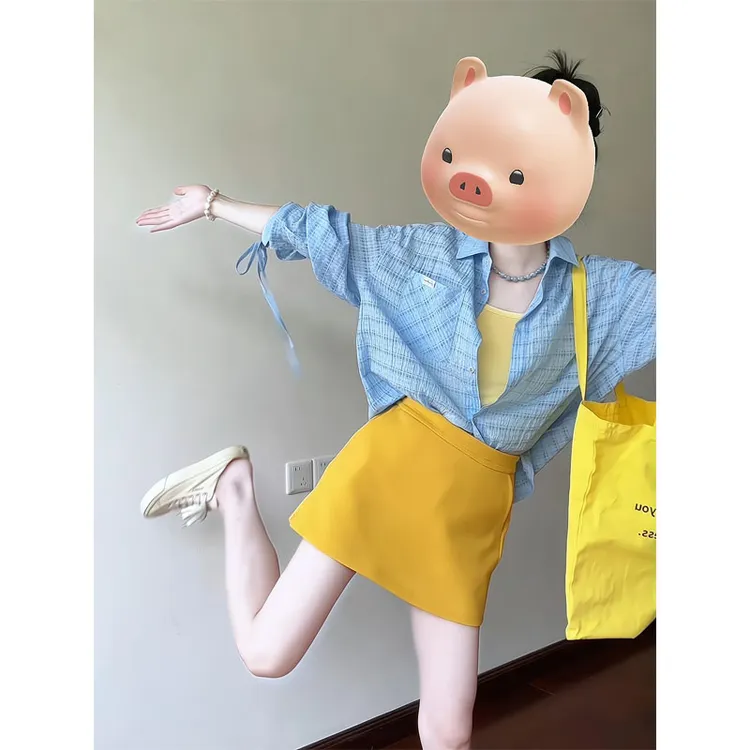 网纱格纹防晒抽绳衬衫a字短裙包臀半身裙子吊带背心外穿黄色美背