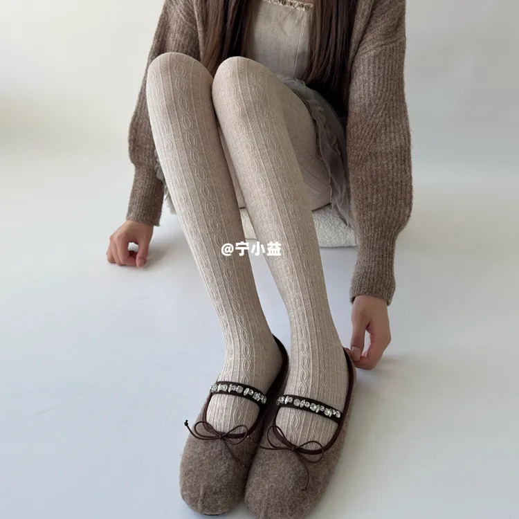 宁小益320D麻花纹连裤袜子女春秋冬显瘦灰色丝袜美拉德日系打底袜