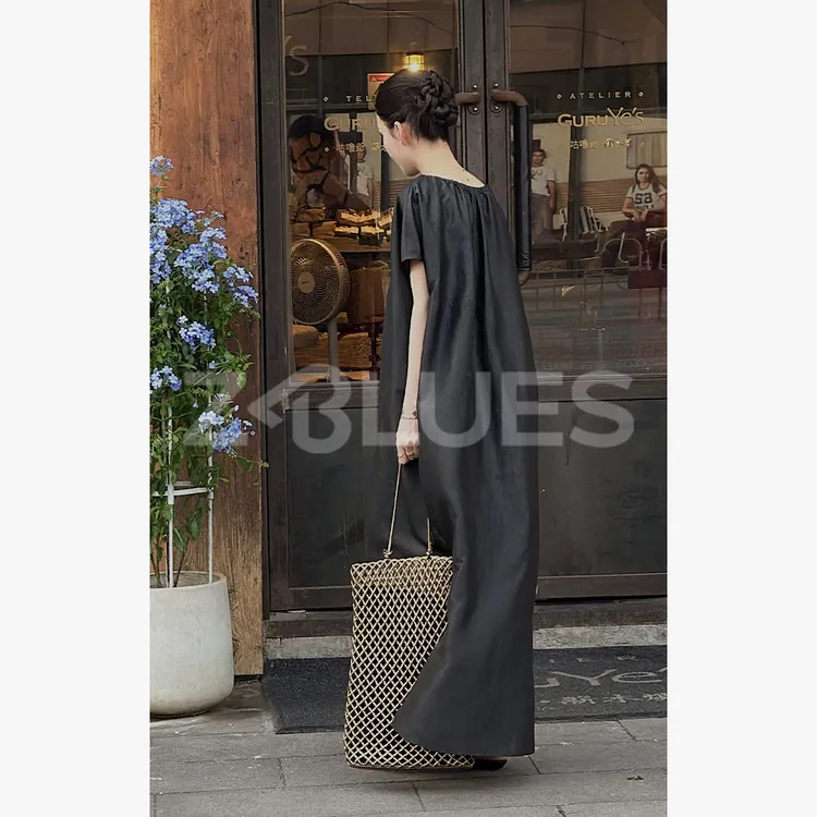 Z.blues【一眼万年】 莨绸香云纱抽绳领侧开衩连衣裙YZLHKZ0059