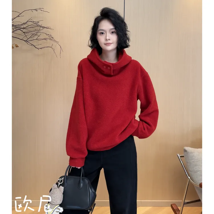 欧尼私服 2025秋季新款雪花绒连帽卫衣立领套头上衣2510C6680