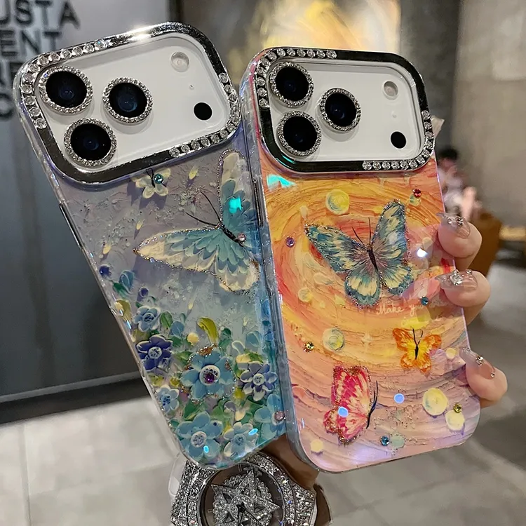 适用苹果系列iPhone17新款手机壳14prom小众紫蓝蝴蝶半钻大孔透气