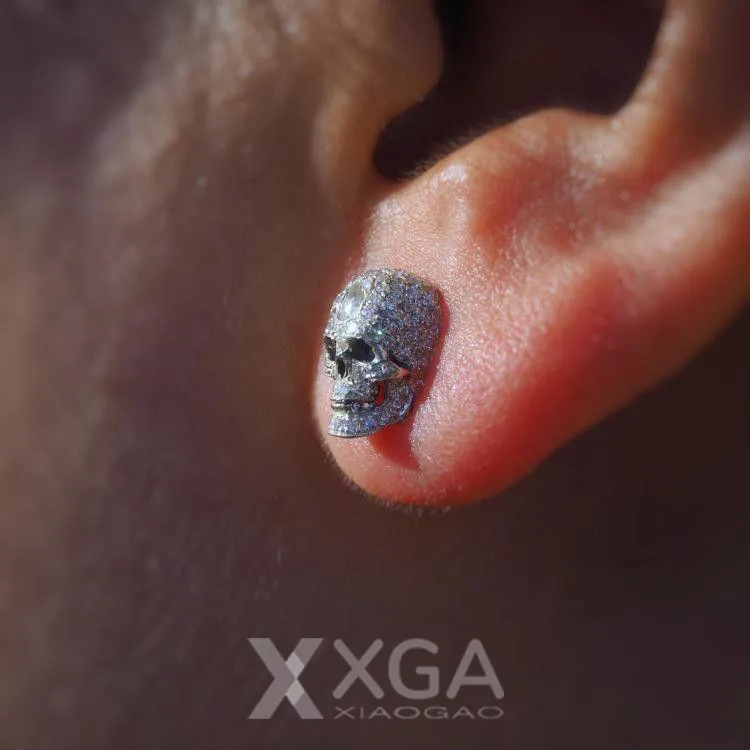 铜合金锆石耳饰 925银针骷髅嘻哈复古满钻个性小众设计师男女耳钉