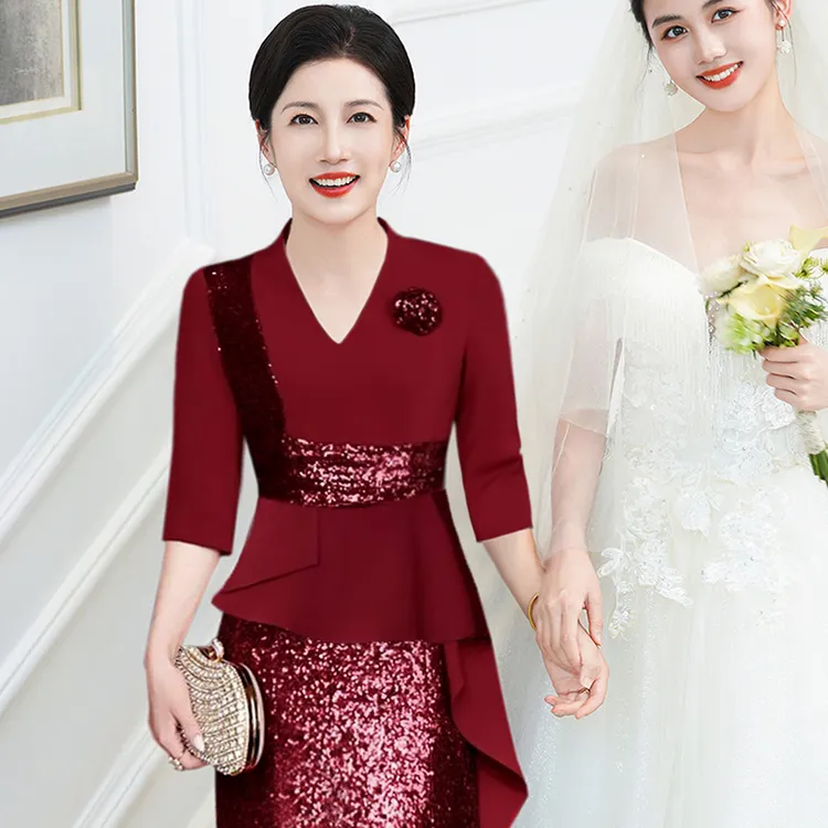 9001高端年轻喜妈妈婚宴装高贵优雅中式旗袍裙假两件订婚婆婆礼服