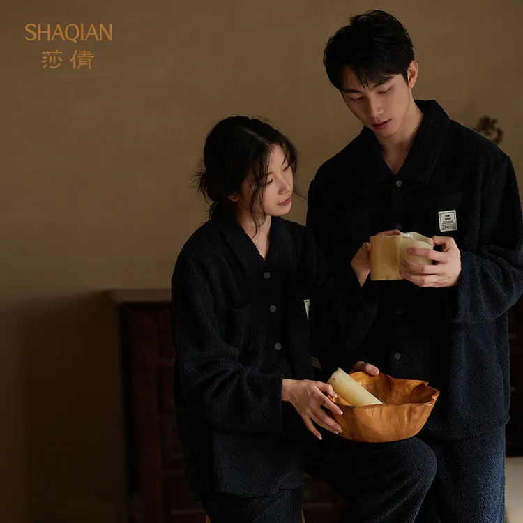 莎倩新款半边绒情侣睡衣秋冬季男加厚保暖可外穿珊瑚绒女士家居服