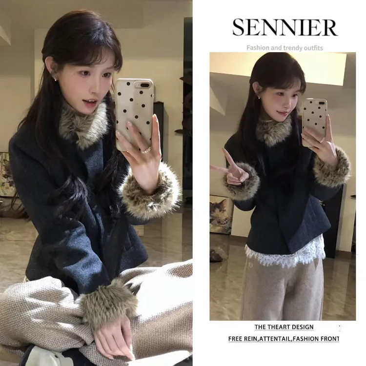 2025秋冬穿搭一整套女装韩版气质毛领短款外套打底衫阔腿裤三件套