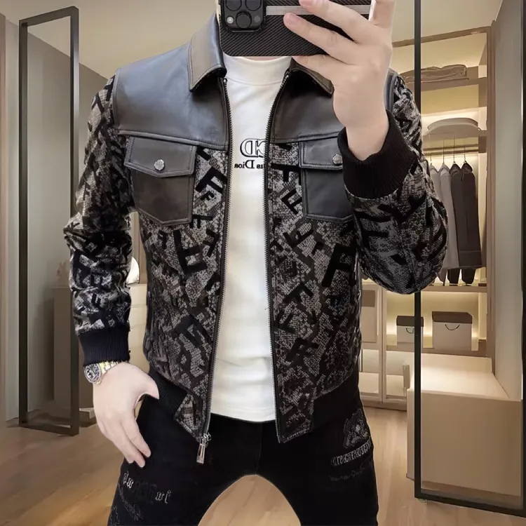 欧洲站冬季新款男士翻领羽绒夹克潮牌时尚个性拼接百搭保暖外套帅