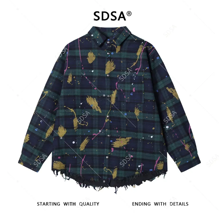 SDSA秋冬新款痞帅男装美式泼墨流苏设计纽扣翻领长袖衬衫百搭宽松