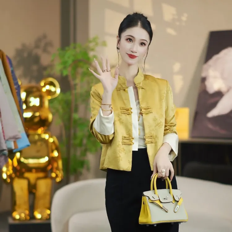 3391新国潮【琉璃】一字扣翻袖拼色立领外套