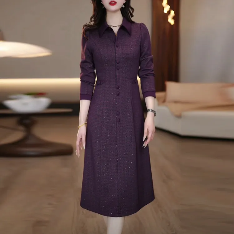 华夫格2025春季新款修身显瘦A字裙时尚气质优雅减龄长袖连衣裙子