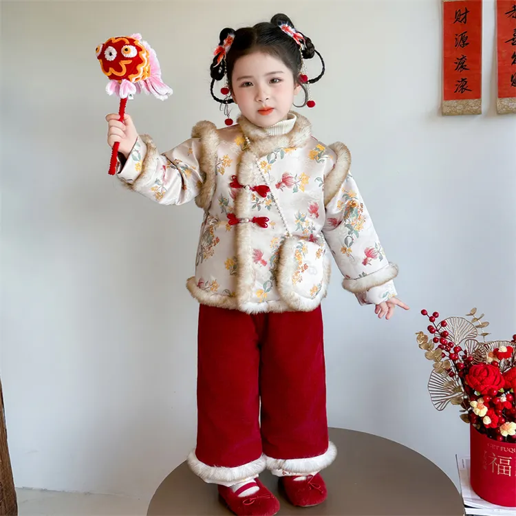 汉服女童拜年服加绒套装2025冬季儿童国风加厚唐装宝宝喜庆过年装