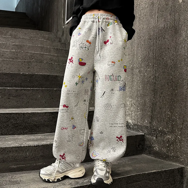 女童涂鸦直筒裤春装新款女孩中大童休闲裤儿童春秋印花宽松潮流