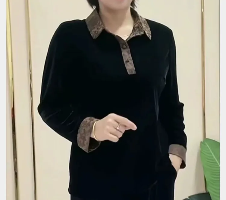 (精选爆款)丝绒翻领宽松百搭大码妈妈衫