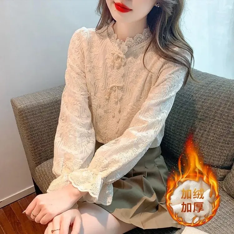 立领加绒上衣加厚蝴蝶结新款2025衬衫蕾丝女打底衫喇叭袖秋冬洋气