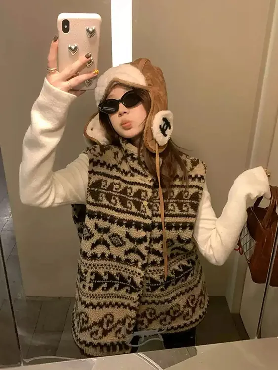 费尔岛提花羊羔毛马甲女2025新款立领韩系皮绒皮毛一体马甲