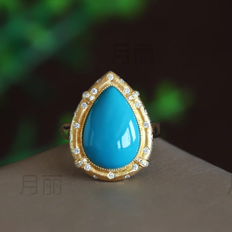 月丽 天然原矿金镶水滴形绿松石镶钻戒指 正品湖北松高瓷蓝玉化料