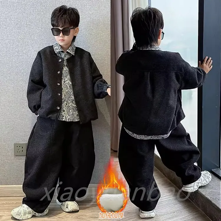 男童秋冬休闲加绒加厚中大童裤子外套韩版宽松波西米亚风衬衫套装