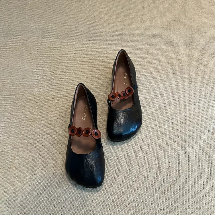 羊皮版~软皮平底复古一字带玛丽珍鞋子女新款圆头浅口单鞋小皮鞋