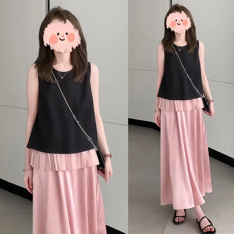 小个子韩系温柔风时尚减龄无袖上衣半身裙套装千金清冷感贵系衣服