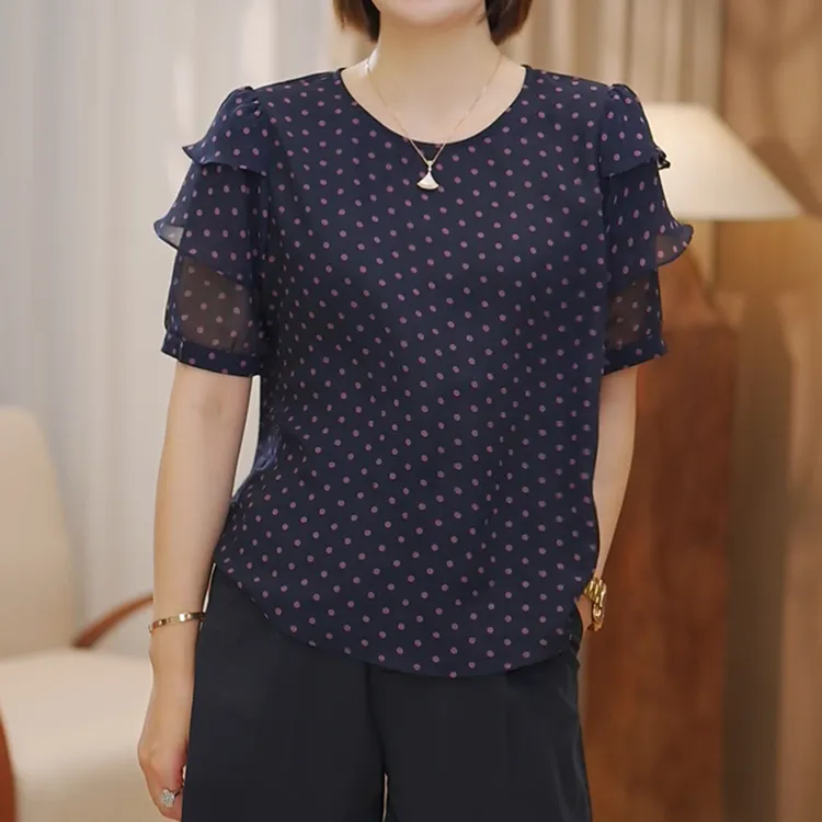 法式复古设计感小众压褶波点小衫夏季新款不对称别致圆领减龄衬衫