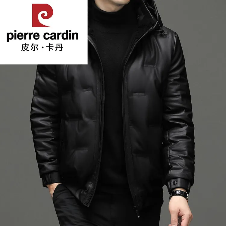 皮尔卡丹皮羽绒服男士冬季连帽大码皮衣轻薄保暖加肥加大胖子外套