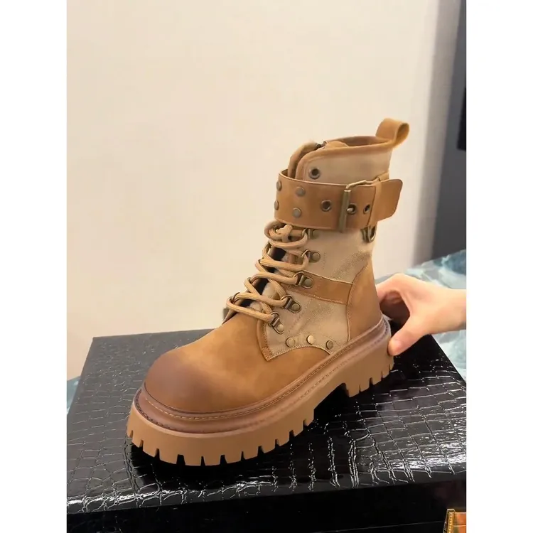 牛皮版~厚底女靴英伦风格夏季薄覆古系带内增高短靴真皮大黄靴