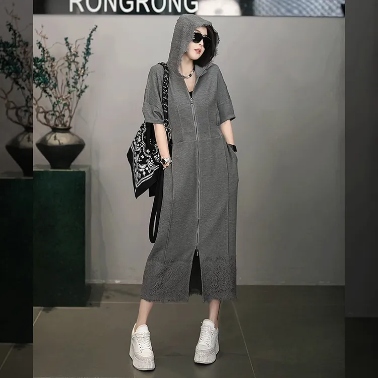 溶溶【烟色蔷薇】RONGRONG 莱赛尔蕾丝拼接连帽显瘦连衣裙C-A208269