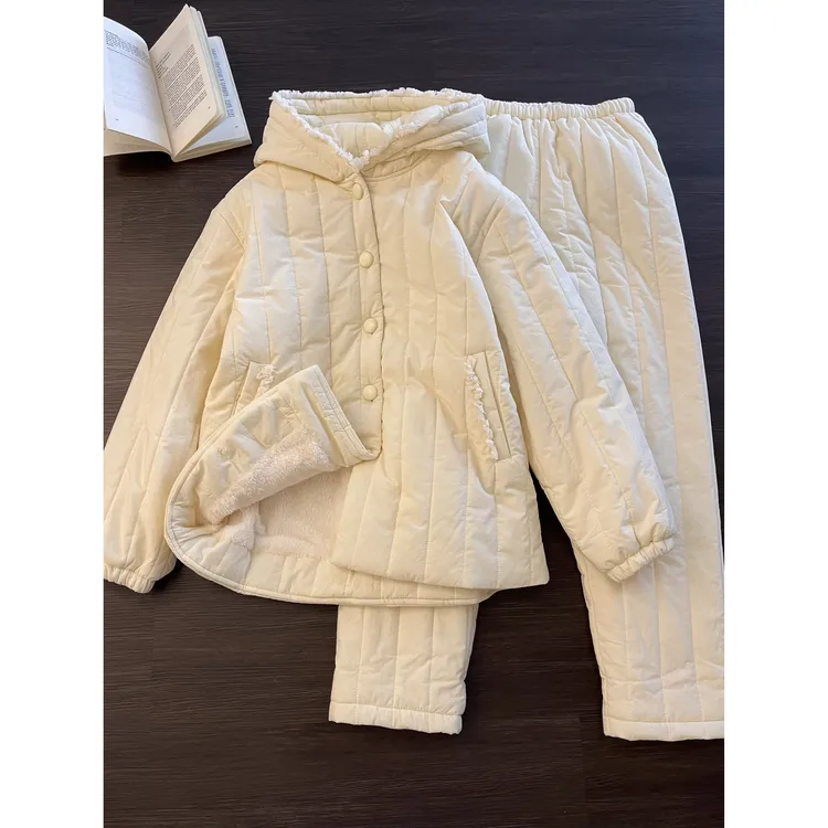 韩系高级感简约夹棉睡衣女秋冬季新款加绒宽松休闲家居服套装外穿