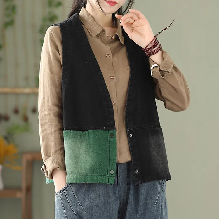 春秋季复古拼色V领牛仔马甲女短款宽松百搭做旧坎肩背心马夹外穿