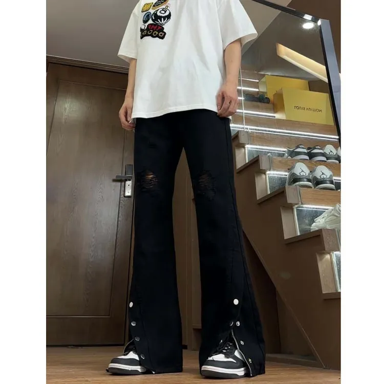 黑色破洞排扣牛仔裤男美式街头微喇裤夏季高街ins潮牌大码长裤子