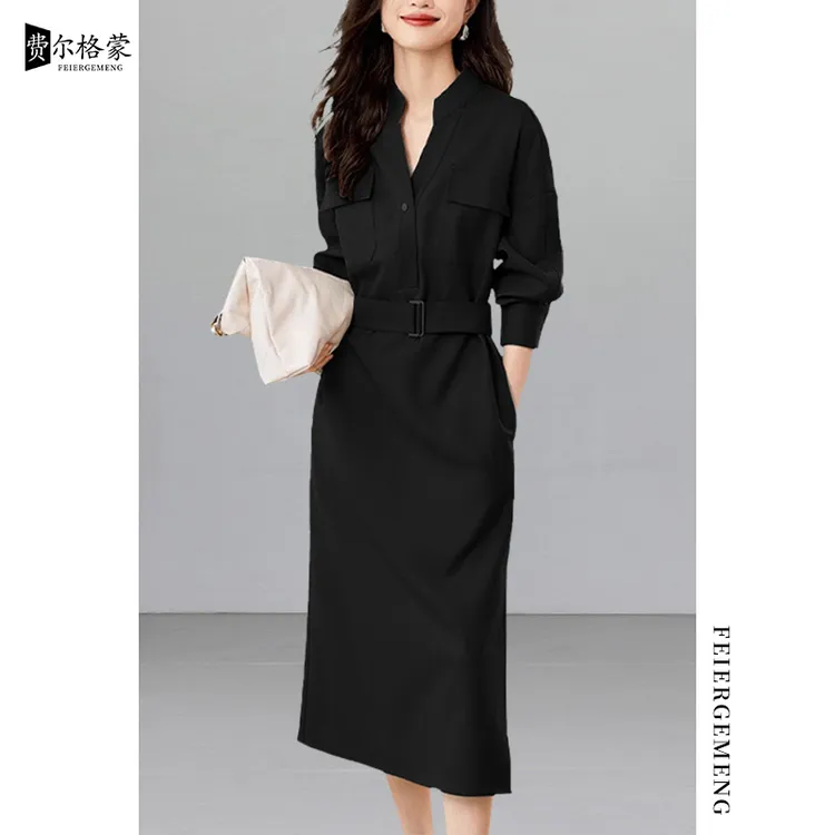 复古黑色连衣裙长袖2025春秋休闲工装风修身衬衫裙百搭老钱风女装