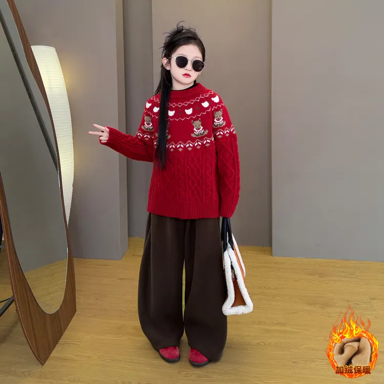 女童2025新款儿童秋冬季韩版甜美年款红色毛衣百搭加绒休闲裤套装
