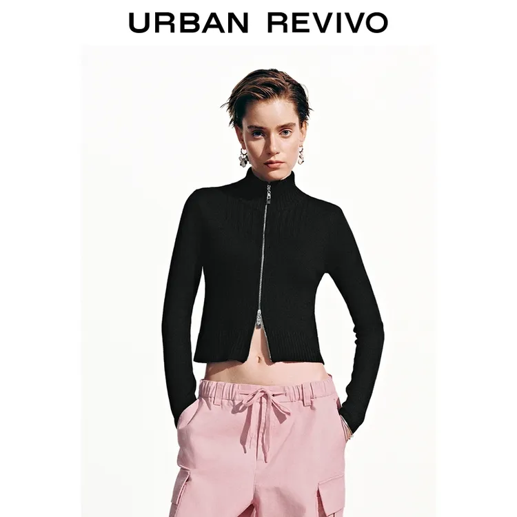 千禧派对UR2025秋季新款女潮流双开拉链修身针织开衫UYV950050+