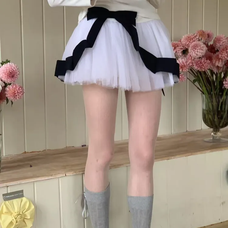 Morn isle*星榆秋落系列芭蕾少女风撞色飘带蝴蝶结蓬蓬裙网纱裙裤