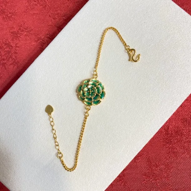 足金999烧蓝富贵花开黄金手链绿色显白七夕礼物