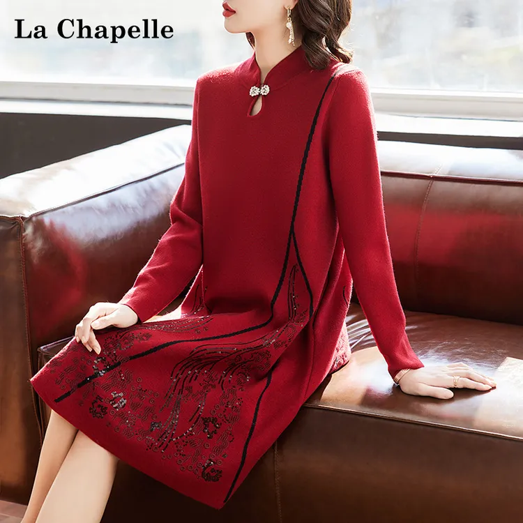 拉夏贝尔妈妈秋装结婚礼服连衣裙中老年秋冬喜婆婆婚宴打底旗袍裙