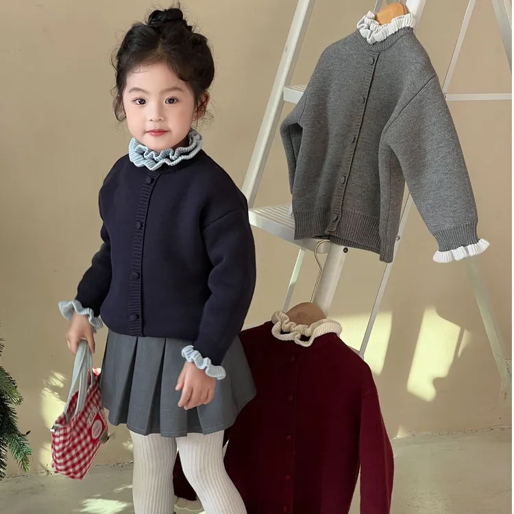 女童一体绒保暖加厚加绒针织毛衣女童秋冬韩气花边简约宝宝上衣