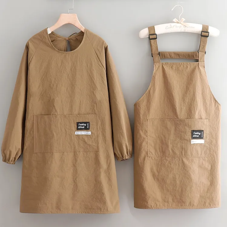塔丝绒简约防泼水男家用厨房女理发店长袖带袖围裙工作服定制印字