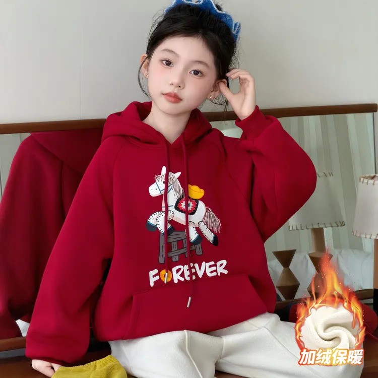 女童秋冬卫衣2025新款儿童洋气时髦女孩中大童加绒年服连帽打底衫