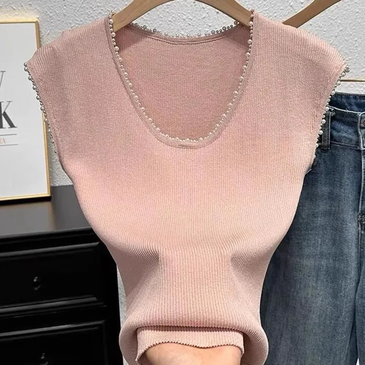 粉色钉珠u领正肩针织短袖t恤女薄款夏季洋气独特别致小众冰丝上衣