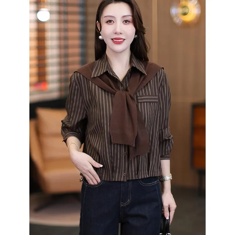 早秋条纹衬衣女秋2025春秋季新款气质显瘦小个子百搭竖条衬衫上衣