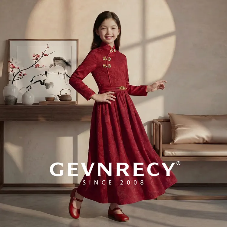 女童拜年服儿童礼服高端酒红色新中式古装女孩年会舞台古筝演出服