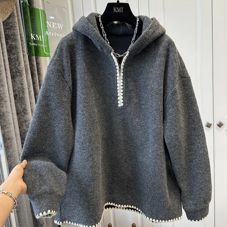 大码女装胖mm240斤半拉链连帽加绒卫衣女宽松设计感磨毛保暖上衣