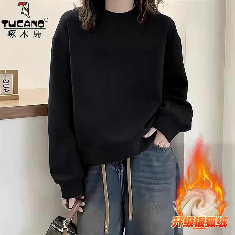 啄木鸟纯棉美式加绒加厚纯色卫衣女秋冬百搭减龄宽松显瘦圆领上衣