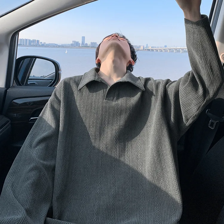 高级感卫衣男春季麦穗纹理美式慵懒上衣服宽松休闲纯色长袖t恤男