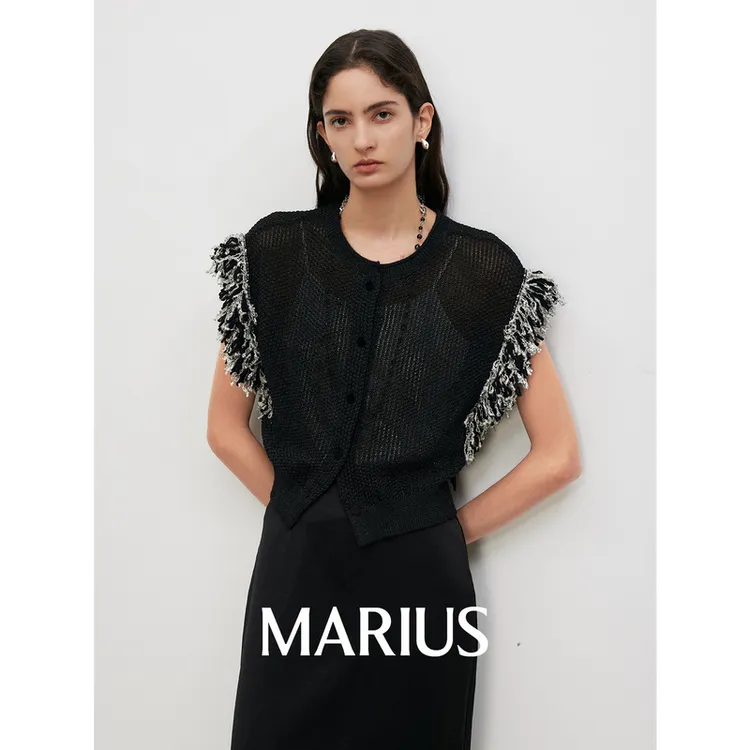 MARIUS“小翅膀”正反立体桂花针肌理法式流苏袖口落肩宽松开衫