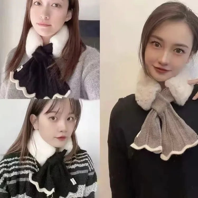 韩版加厚保暖围巾毛毛围脖百搭针织秋冬季女交叉护颈可爱冬款脖套
