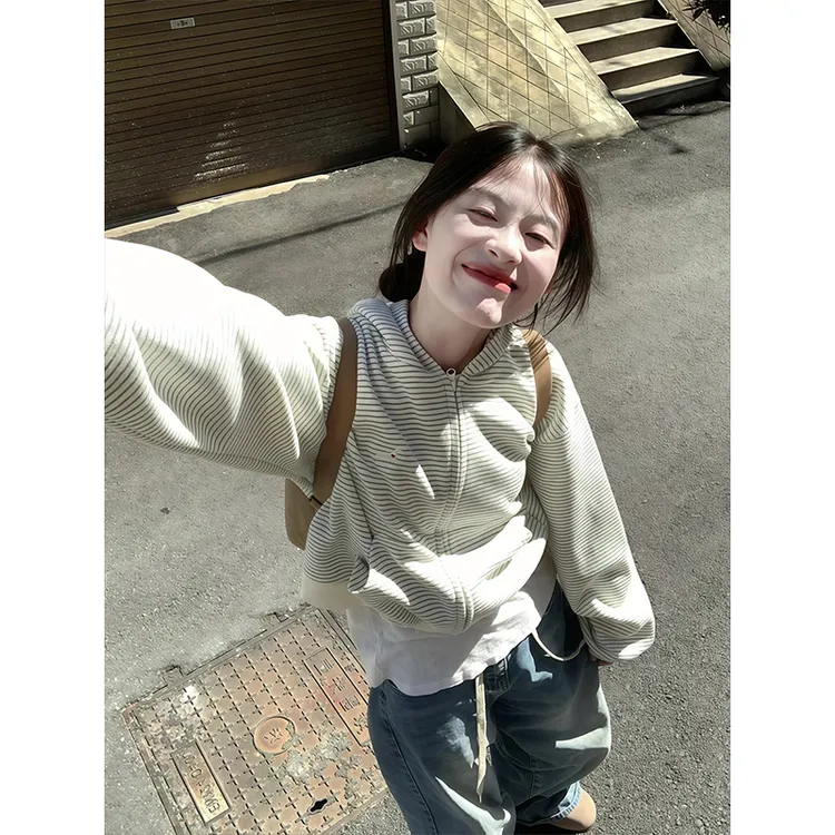 美式复古条纹开衫连帽卫衣女秋冬季新款宽松设计感情侣外套潮
